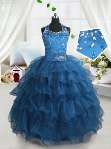 New Style Teal Pageant Dress Wholesale Party and Wedding Party and For with Beading and Ruffled Layers Spaghetti Straps Sleeveless Lace Up