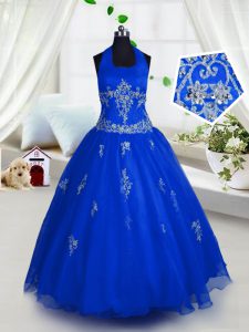 Halter Top Floor Length A-line Sleeveless Blue Kids Formal Wear Lace Up