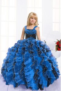 High Class Royal Blue Ball Gowns Beading and Ruffles Glitz Pageant Dress Lace Up Organza Sleeveless Floor Length