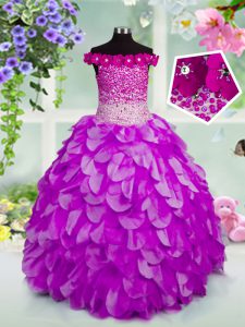 Off the Shoulder Sleeveless Lace Up Floor Length Beading and Hand Made Flower Child Pageant Dress