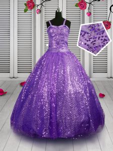Dazzling Sequins Pageant Dress Wholesale Lavender Lace Up Sleeveless Floor Length