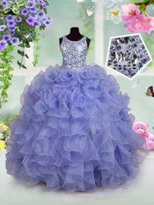 Scoop Ruffles and Sequins Glitz Pageant Dress Light Blue Zipper Sleeveless Floor Length