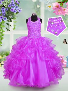 Halter Top Beading and Ruffled Layers Custom Made Pageant Dress Lilac Lace Up Sleeveless Floor Length