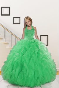 Simple Floor Length Green Little Girls Pageant Gowns Halter Top Sleeveless Lace Up