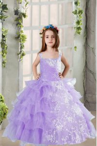 Custom Designed Floor Length Lace Up Glitz Pageant Dress Lavender for Military Ball and Sweet 16 and Quinceanera with Beading and Ruffled Layers