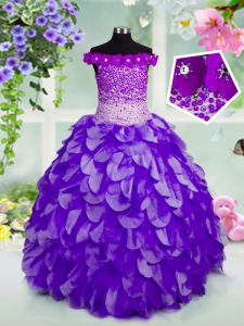 Off The Shoulder Sleeveless Organza Kids Pageant Dress Beading and Hand Made Flower Lace Up