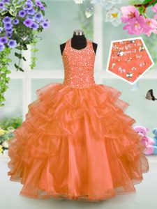 Organza Halter Top Sleeveless Lace Up Beading and Ruffled Layers Little Girl Pageant Gowns in Orange