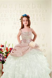 Simple Peach Lace Up Pageant Dresses Beading and Ruffled Layers and Hand Made Flower Sleeveless Floor Length