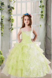 Sleeveless Lace Up Floor Length Lace and Ruffled Layers Glitz Pageant Dress