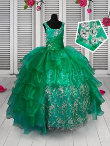 Ruffled Floor Length Ball Gowns Sleeveless Green Child Pageant Dress Lace Up