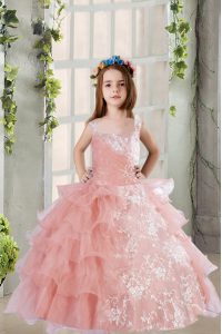 Top Selling Floor Length Baby Pink Girls Pageant Dresses Organza Sleeveless Lace and Ruffled Layers