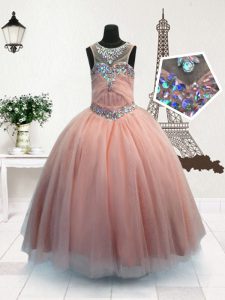 Eye-catching Floor Length Pink Pageant Dress for Girls Scoop Sleeveless Zipper