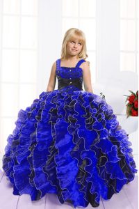 Sleeveless Floor Length Beading and Ruffles Lace Up Pageant Dress Womens with Blue And Black