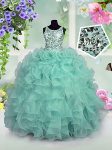 Scoop Ruffles and Sequins High School Pageant Dress Turquoise Zipper Sleeveless Floor Length