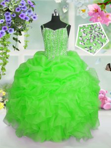Apple Green Pageant Gowns Party and Wedding Party and For with Beading and Ruffles and Pick Ups Straps Sleeveless Lace Up