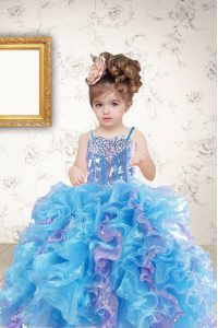 Customized Floor Length Multi-color Pageant Dress for Teens Organza Sleeveless Beading and Ruffles and Sequins