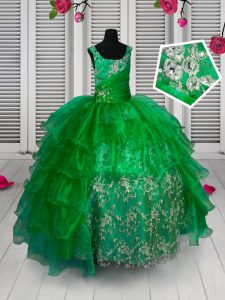 Green Sleeveless Floor Length Appliques and Ruffled Layers Lace Up Glitz Pageant Dress