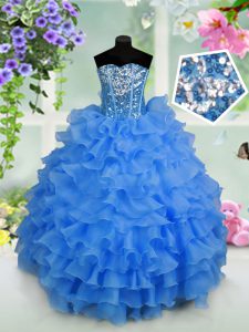 Elegant Light Blue Sleeveless Ruffled Layers and Sequins Floor Length Winning Pageant Gowns