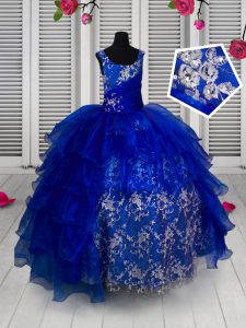 Sleeveless Lace Up Floor Length Appliques Kids Pageant Dress