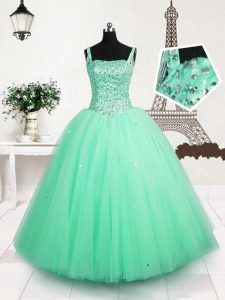 Straps Sleeveless Pageant Gowns Floor Length Beading and Sequins Turquoise Tulle