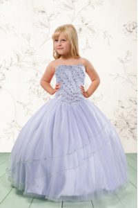 Modern Grey Ball Gowns Tulle Strapless Sleeveless Beading Floor Length Lace Up Little Girl Pageant Gowns