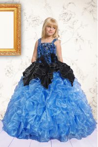 Straps Sleeveless Pageant Gowns Floor Length Beading and Pick Ups Blue Organza