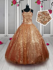 Rust Red Straps Lace Up Beading and Sequins Little Girls Pageant Gowns Sleeveless