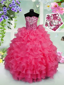 Fantastic Floor Length Hot Pink Pageant Dress Organza Sleeveless Ruffled Layers and Sequins
