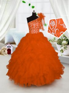 One Shoulder Organza Sleeveless Floor Length Pageant Gowns and Embroidery and Ruffles