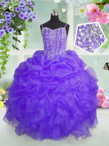Classical Floor Length Lace Up Pageant Dress for Womens Lavender for Party and Wedding Party with Beading and Ruffles and Pick Ups
