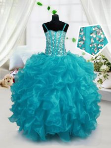 Aqua Blue Spaghetti Straps Lace Up Beading and Ruffles Pageant Dress Sleeveless
