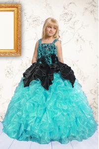 Cute Pick Ups Floor Length Aqua Blue Pageant Dresses Straps Sleeveless Lace Up