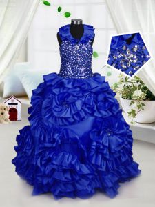 Halter Top Floor Length Ball Gowns Sleeveless Royal Blue Little Girls Pageant Gowns Zipper