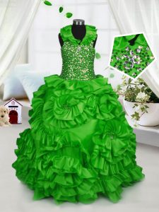 Halter Top Sleeveless Custom Made Pageant Dress Floor Length Beading and Ruffles Taffeta