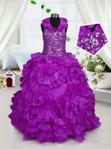 Admirable Halter Top Purple Zipper Pageant Dress Toddler Beading Sleeveless Floor Length