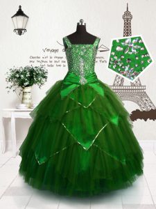 Dark Green Sleeveless Tulle Lace Up Winning Pageant Gowns for Party and Wedding Party