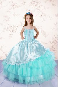 Inexpensive Turquoise Lace Up Spaghetti Straps Embroidery and Ruffled Layers Kids Formal Wear Organza Sleeveless