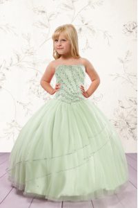 Apple Green Tulle Lace Up Strapless Sleeveless Floor Length Glitz Pageant Dress Beading