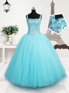 Light Blue Straps Lace Up Beading and Sequins High School Pageant Dress Sleeveless