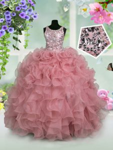 Affordable Pink Ball Gowns Organza Scoop Sleeveless Ruffles and Sequins Floor Length Zipper Little Girls Pageant Dress