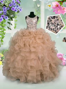 Amazing Organza Scoop Sleeveless Zipper Ruffles and Sequins Child Pageant Dress in Pink