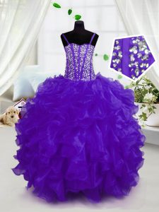 Glorious Purple Organza Lace Up Pageant Dress for Girls Sleeveless Floor Length Beading and Ruffles