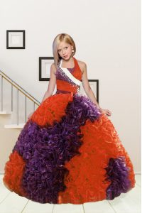 Custom Design Purple and Orange Red Lace Up Halter Top Beading and Ruffles Pageant Dress Fabric With Rolling Flowers Sleeveless