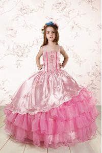 Great Sleeveless Floor Length Embroidery and Ruffled Layers Lace Up Pageant Dress for Teens with Rose Pink