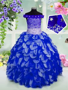 Royal Blue Lace Up Off The Shoulder Beading and Hand Made Flower Little Girls Pageant Dress Wholesale Organza Sleeveless