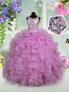 Discount Scoop Sleeveless Organza Floor Length Zipper Custom Made Pageant Dress in Lilac with Ruffles and Sequins
