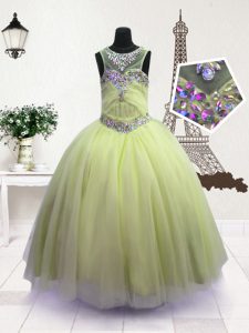 Scoop Sleeveless Floor Length Beading Zipper Evening Gowns with Apple Green