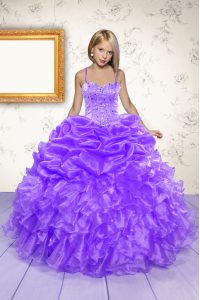 Gorgeous Eggplant Purple Lace Up Spaghetti Straps Beading and Ruffles and Pick Ups Kids Pageant Dress Organza Sleeveless