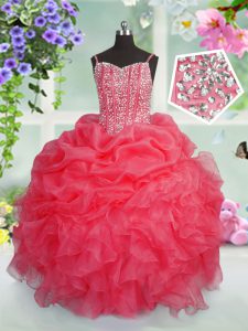 Attractive Rose Pink Pageant Dresses Party and Wedding Party and For with Beading and Ruffles and Pick Ups Spaghetti Straps Sleeveless Lace Up