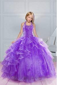 Latest Organza Halter Top Sleeveless Lace Up Beading and Ruffles Pageant Gowns For Girls in Lavender